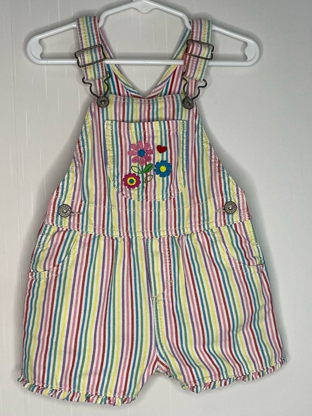 VTG OshKosh B'gosh Rainbow Stripe Floral Shortalls Overalls 24M Snaps FLAW